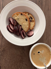 A delicious breakfast of coffee and savory sausage delights to enhance your mornings