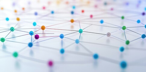 Abstract representation of interconnected colorful nodes and lines on a white background. symbolizing networking and collaboration in a digital environment