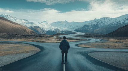 A person standing at a fork in a road. Choosing which route to take in life