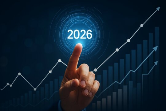 Hand pointing at 2026 with rising graph and digital interface - Powered by Adobe