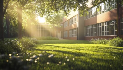 Sunny school grounds. Lush greenery surrounds a modern building bathed in morning sunlight