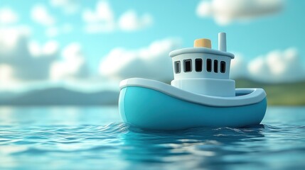 A charming cartoon boat floating on calm waters under a bright sky