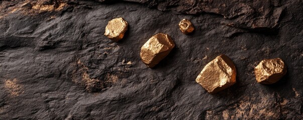 Golden nuggets on dark rock surface