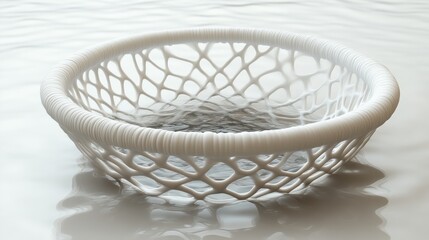3D Rendered White Woven Basket Floating on Water Modern Design Minimalist Art Abstract Sculp