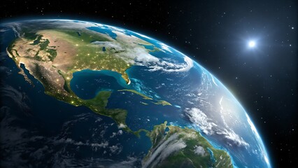 Earth view from space showing north and south america with city lights and a bright star in the distance
