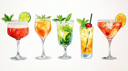 Watercolor illustration of a variety of brightly colored cocktails