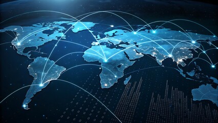 Global network connections across world map with glowing nodes and digital data overlaying the continents
