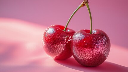 Fresh Red Cherries on Pink Background