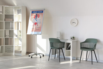 Interior of medical office with workplace, flipchart and shelf unit
