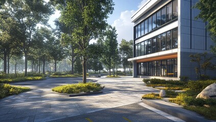 Fototapeta premium Modern Office Building Exterior with Landscaping and Parking Lot