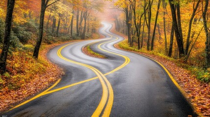 Obraz premium Winding autumn road through a misty forest