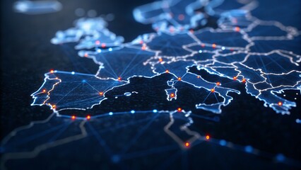 Illuminated europe map with network connections and red dots highlighting major cities