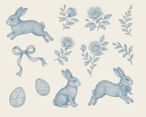 Vintage French style Easter set of elements in blue and white colours