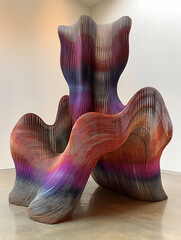 Obraz premium Abstract sculpture of undulating layered panels in vibrant gradients of purple orange and gray tones a modern art piece.
