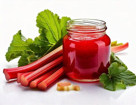Pot de confiture &agrave; la rhubarbe avec tiges et feuilles, isol&eacute; sur fond blanc. Generated image