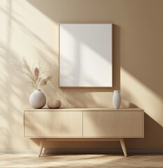 Modern minimalist living room featuring a light wooden sideboard, a blank poster, and decorative vases