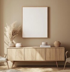 Beige minimalist living room featuring a blank framed canvas above a light wood cabinet