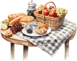 Rustic breakfast table with artisan bread fresh fruits and coffee service on checkered tablecloth, farmhouse dining watercolor