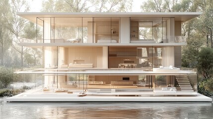 Modern Glass House by the Lake: Architectural Design Visualization