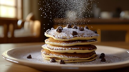 Delicious stack of fluffy pancakes topped with powdered sugar and chocolate chips on a rustic wooden table with soft sunlight