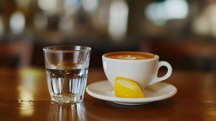 A close-up view of a steaming cup of coffee alongside a glass of water and a lemon wedge, set on a wooden table, creating a cozy atmosphere with blurred background details