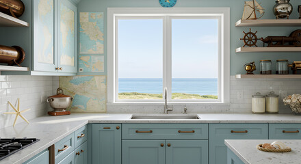 Coastal Style Kitchen With Nautical Decor And Ocean View For Summer Home