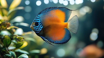 Vibrant discus fish swimming gracefully in a tranquil freshwater aquarium