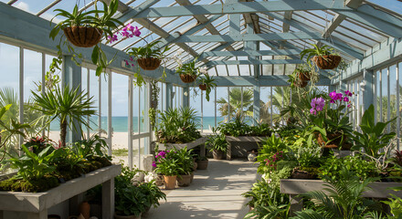 Fototapeta premium Beach House Greenhouse Filled With Tropical Plants And Orchids On The Ocean