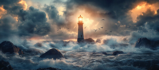 Dramatic Lighthouse Amidst Crashing Waves Under Cloudy Sky With Birds at Sunset Coastal Scenery