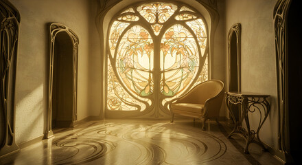 Elegant Art Nouveau Foyer With Stained Glass And Curved Furniture Design