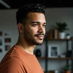A confident and stylish 3/4 profile headshot of a 30-year-old male senior designer with sharp cheekbones, clean-shaven face, and defined jawline, looking slightly past the camera with a subtle, self-a