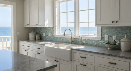 Fototapeta premium Coastal Style Kitchen Design Featuring Whitewashed Cabinets And Ocean View
