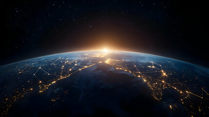 Obraz premium Earth Sunrise Over Illuminated Cities At Night