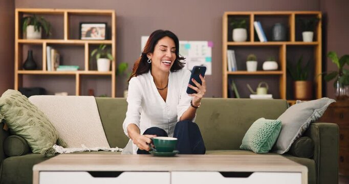 Drinking coffee, relax and woman with smartphone, home and reading ebook on website, laugh or lounge. Chilling, reader and person with mobile for entertainment, tea or tech for digital novel in house