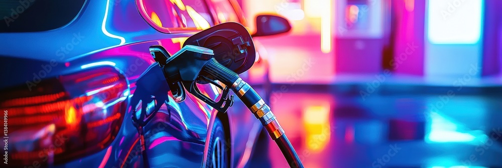 Poster high-energy refueling at a gas station with vibrant neon colors illuminating the fuel nozzle in a dy