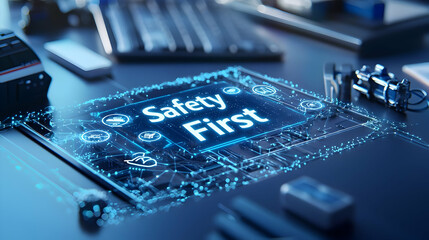 Digital Tablet Displaying Safety First Message With Futuristic Interface