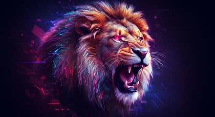 Fierce Roaring Lion with Cyberpunk Style Mane and Glowing Eyes Digital Art Illustration, Showing Aggression and Power, Featuring Futuristic Neon Circuit Patterns