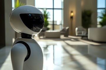 White Robot in Modern Office Lobby