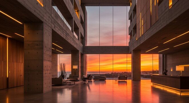 Interior of a Modern Building Lobby at Sunset with Concrete Columns and Glass Windows Displaying Vibrant Colors of Dusk
