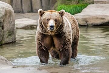 Obraz premium A brown bear standing in a rushing river, catching salmon in its jaws