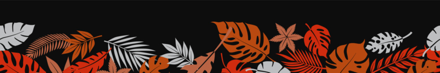 Horizontal seamless banner with a dynamic arrangement of stylized tropical palm leaves in various colors, set against a black backdrop.