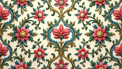 Intricate floral damask pattern in muted tones, pattern, decor, illustration