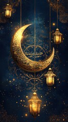 Ornate crescent moon with hanging lanterns, dark background, decorative details, Ramadan celebration, Possible use Islamic digital art