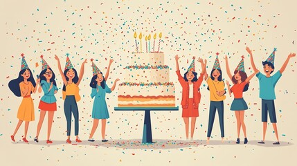 Obraz premium Celebratory Gathering Around a Festive Cake with Confetti Shower for Joyful Moments