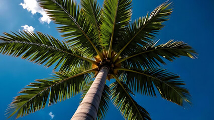 Obraz premium Upward view of a tall palm tree with lush green fronds stretching out against a vibrant clear blue sky,