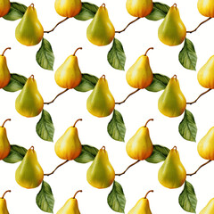 Obraz premium Seamless pattern of yellow pears with green leaves on white background - organic fruit textile design