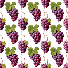 Seamless pattern of purple grape clusters with vine leaves on white background, repeating wine grape design for textile and kitchen decor