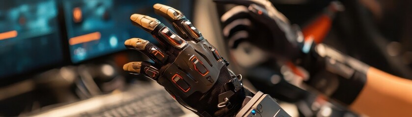 A person using haptic feedback gloves in a virtual reality experience, Haptic Technology, Immersive and tactile