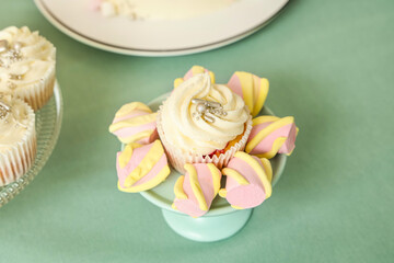 Dessert stand with tasty white cupcake and marshmallows for birthday party on turquoise table