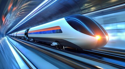 Fototapeta premium Futuristic high-speed train moving through a vibrant tunnel.